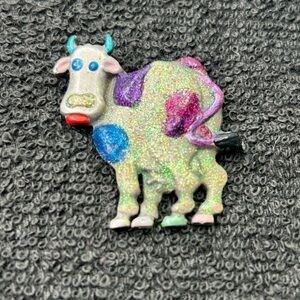 Vintage JJ Jonette Sparkles Cow Enamel Glitter Pewter Brooch Pin 1998